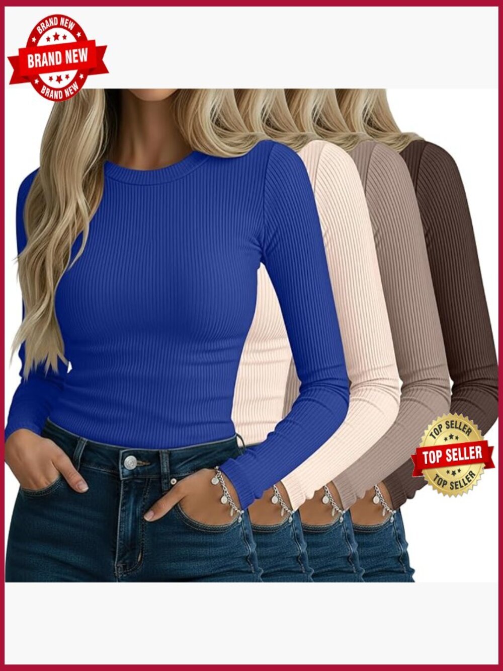 4 Pack Ribbed Long Sleeve Tees Cotton Crew Neck Slim Fit Tops Stretch Knit Base